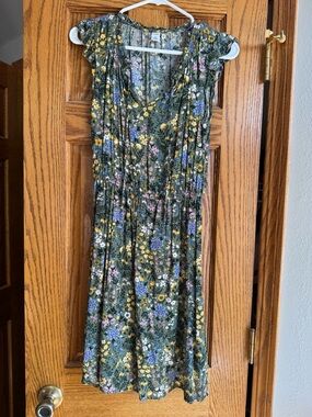 Old Navy Olive Green Floral Dress with Blue, Yellow & Pink Details